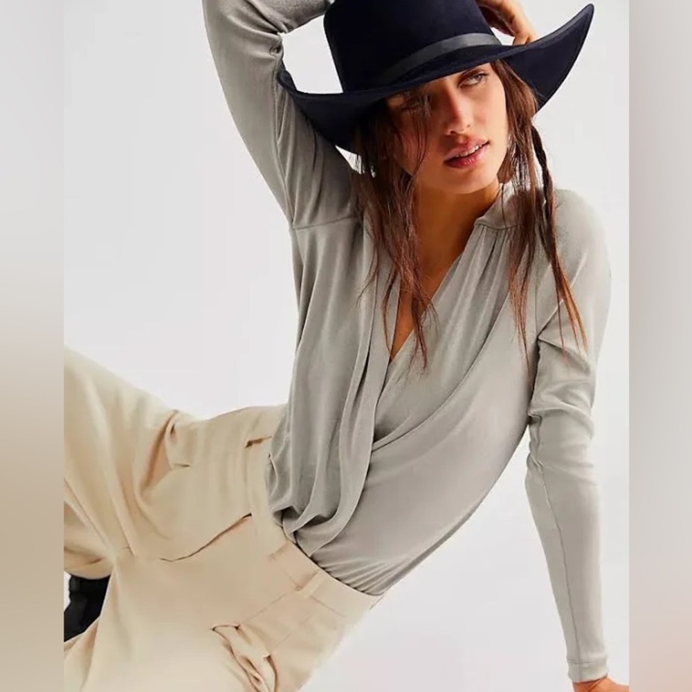 NWT Free People Plunge Neckline Metallic Gray Silver Bodysuit Medium